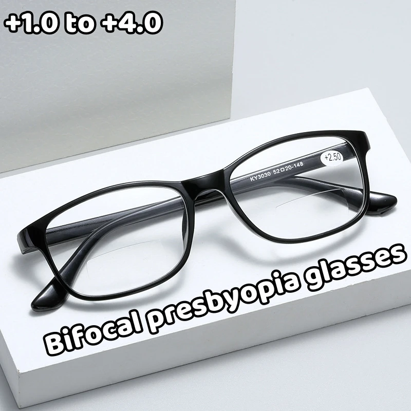 Elderly Fashionable Bifocal Reading Glasses Far Near Sighted Eyeglasses Black Frame Blue Light Blocking Eye Protection Eyewear