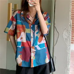 Korean Fashion Vintage Summer New Shirts Women Clothing Notched Printing Single Breasted Street Casual Loose Short Sleeve Tops