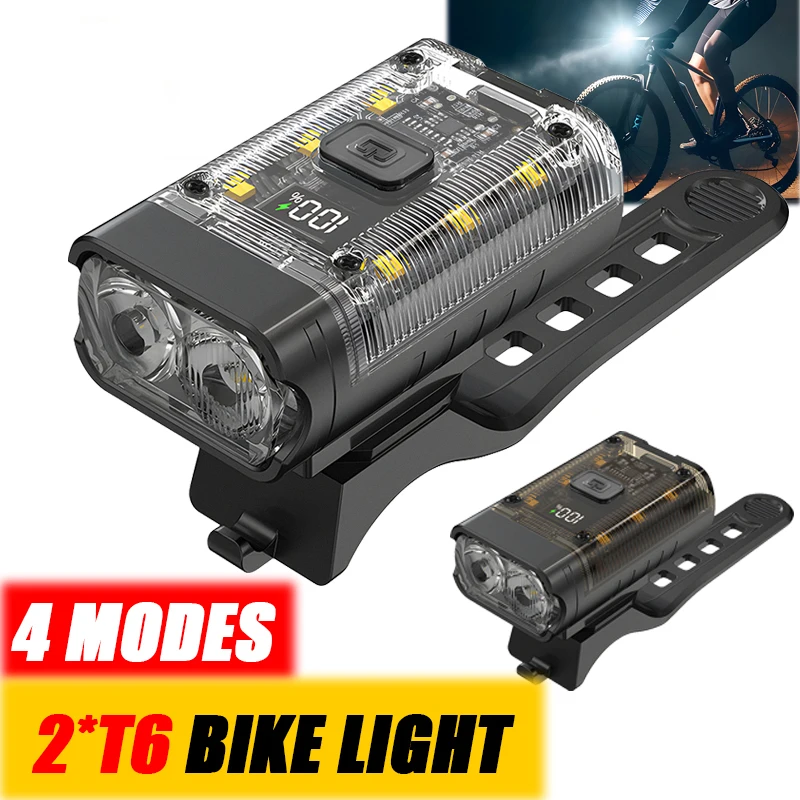 C2 LED Bicycle Front Lamp Rechargeable Bike Headlight Power Display Bicycle Flashlight 4 Modes Cycling Lights 360 Rotation Base