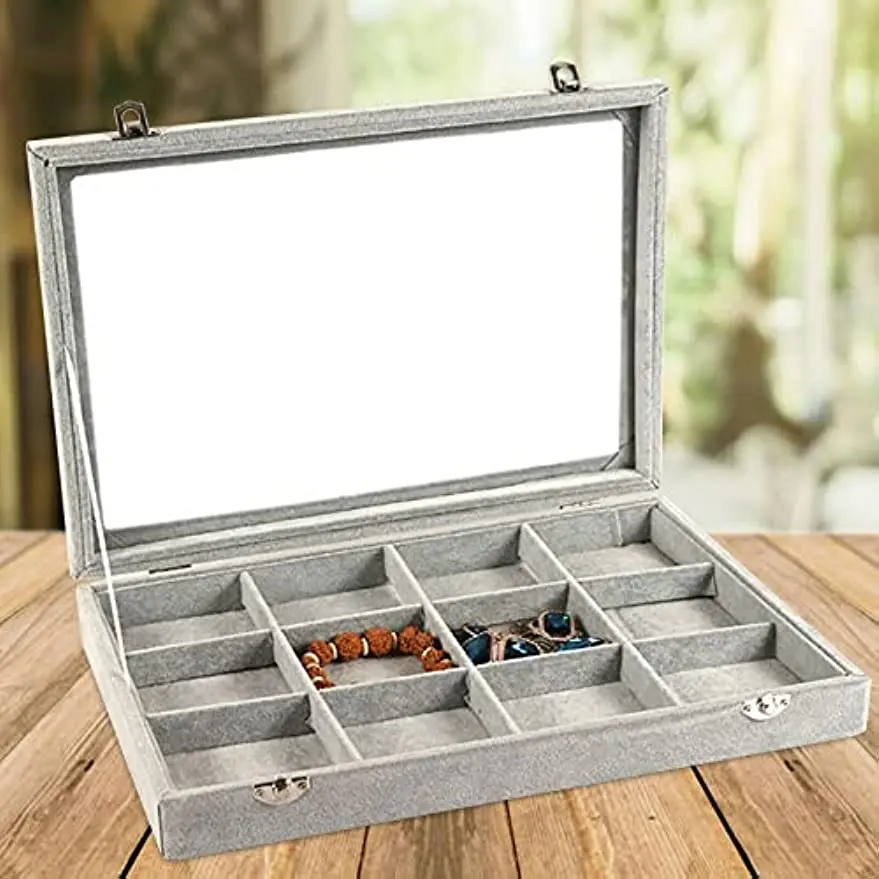 12Grid Grey Rectangular Jewelry Storage Box Earrings Ring Jewelry Box