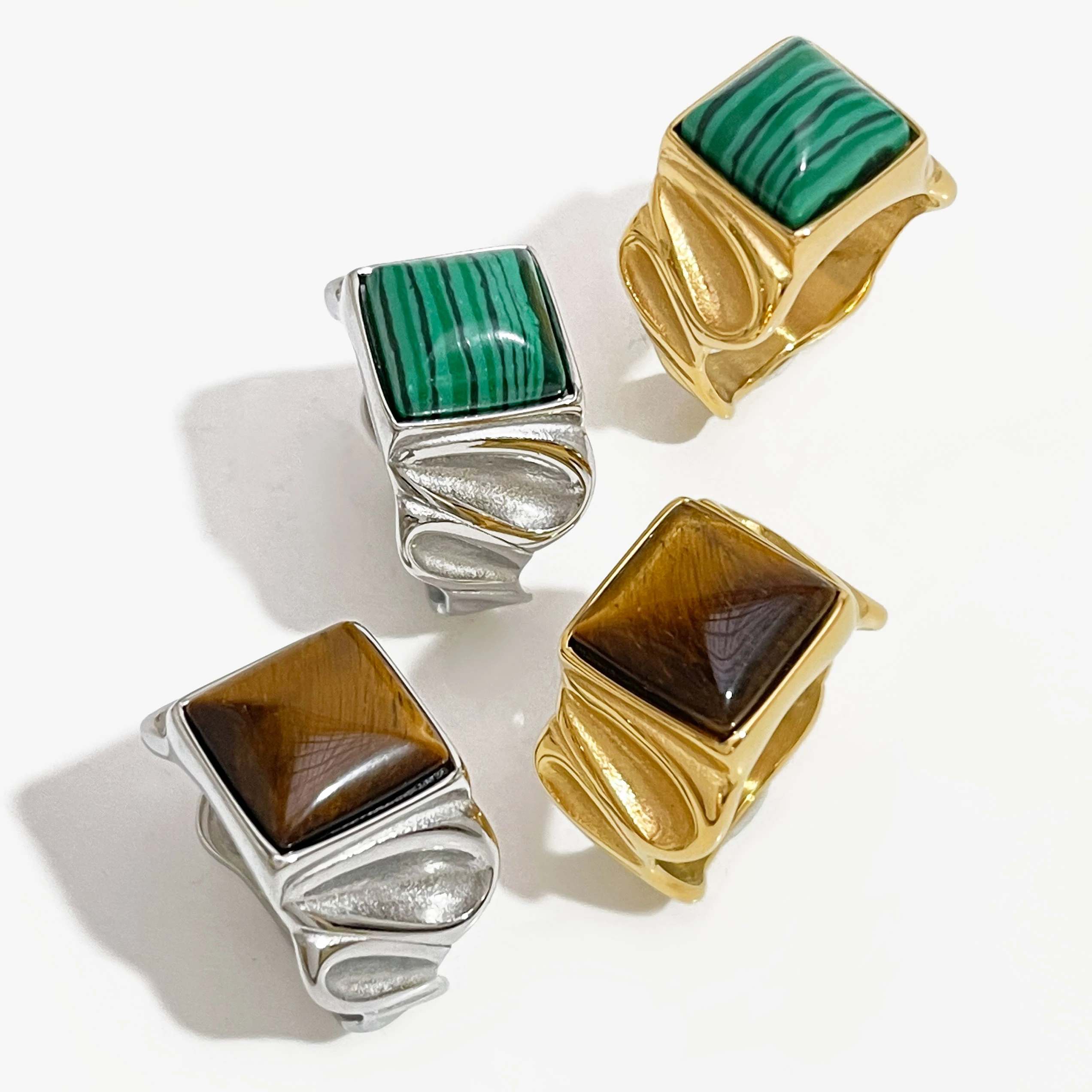 Peri'sbox Stainless Steel Chunky 18K Gold Plated Wrinkle Ring with Square Tiger Eye Malachite Natural Gem Stone Jewelry Unusual