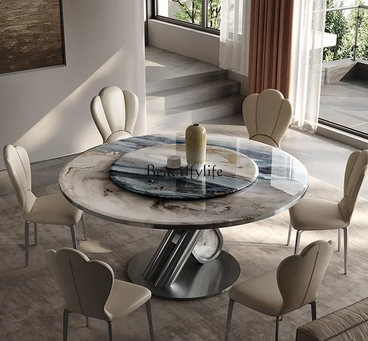 

Microcrystalline stone marble dining table round table household Italian light luxury blue gold sand luxury stone