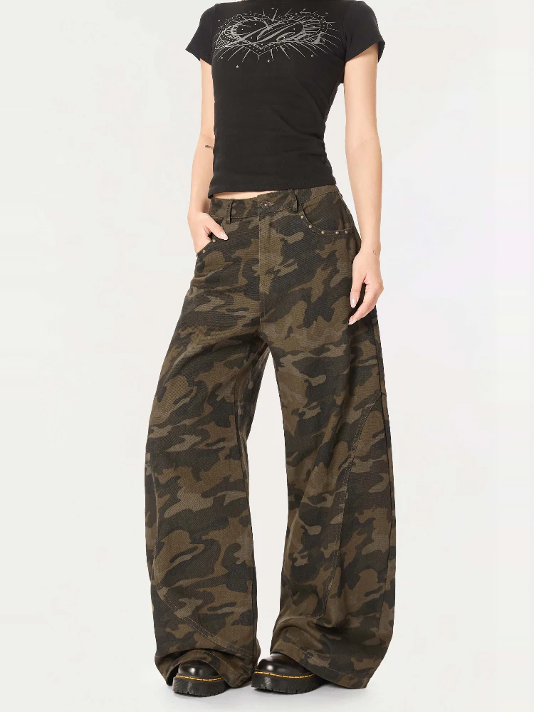 HIDES Pantaloni mimetici retrò americani Hiphop Sciolto drappeggio dritto Casual Coltello a gamba larga Alla moda Vita alta Lungo cotone Wo...