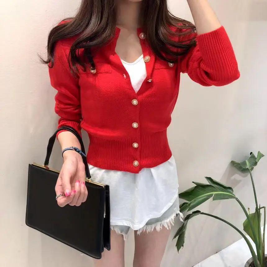 Small fragrant style knitted cardigan jacket for women 2024 autumn and winter new retro short slim slim sweater long-sleeved top