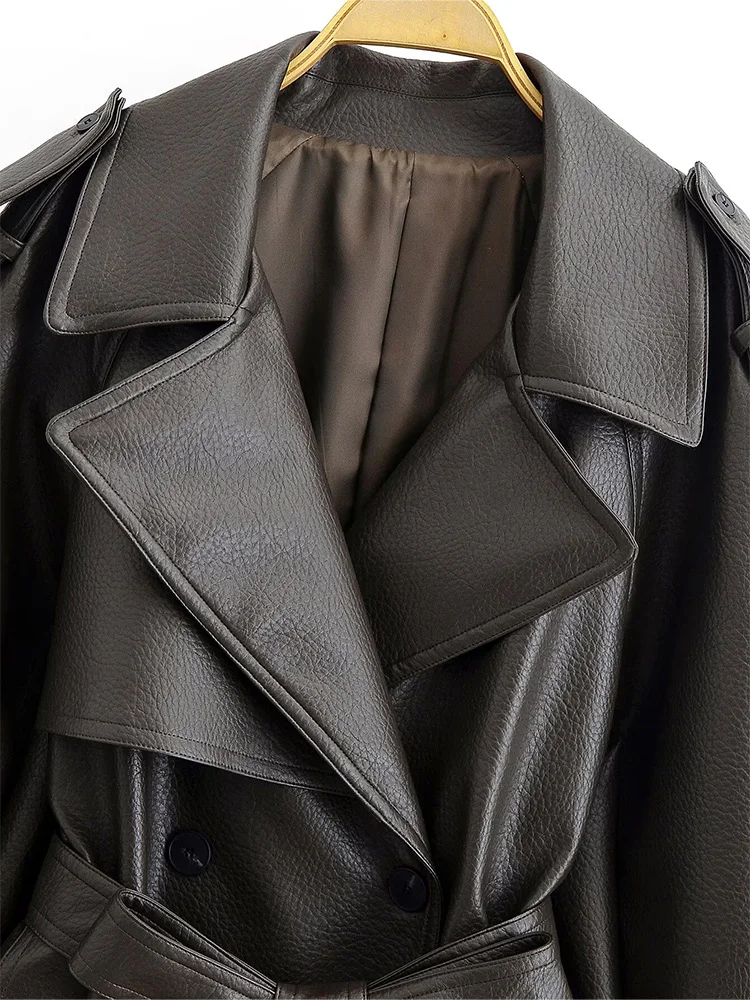 HH أنثى موضة جديدة مزدوجة الصدر الجلود الاصطناعية التلبيب معطف طويل امرأة طويلة الأكمام جيوب عالية الشارع حزام سترة واقية #5