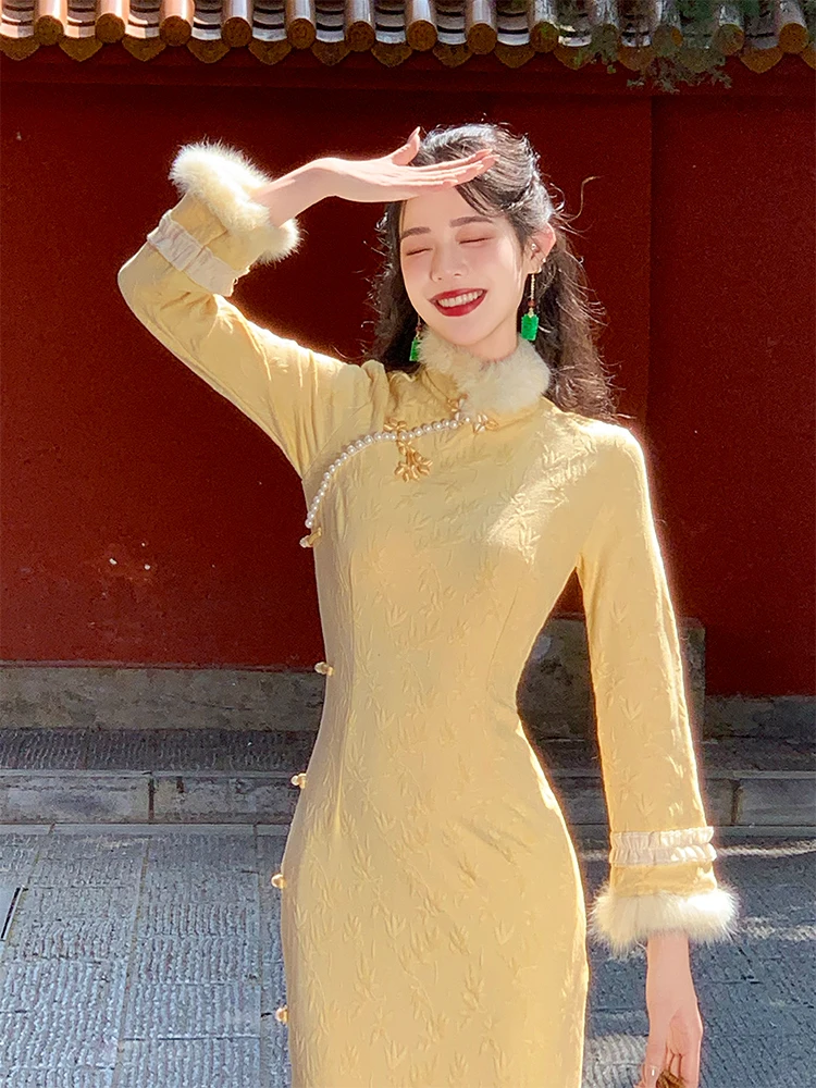 Qipao long amélioré pour jeune fille, jaune canard, respirant, à motif floral, à manches longues, pour usage quotidien