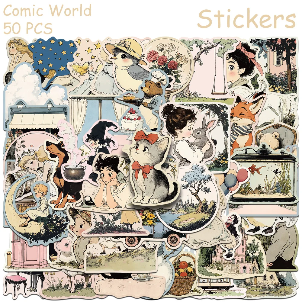 

50pcs Retro Comic World Stickers Decals For Laptop Notebook Luggage Skateboard Guitar DIY Aesthetic Stickers Kids Creative Gifts