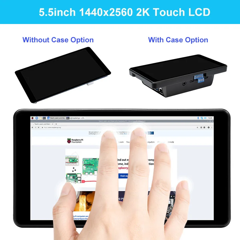 라즈베리 파이 4B/5B 5.5인치 2K 정전식 터치 LCD 디스플레이, 케이스 옵션이 있는 HDMI IPS 터치스크린, 1440×2560 지원 Pi 5/CM5/4M