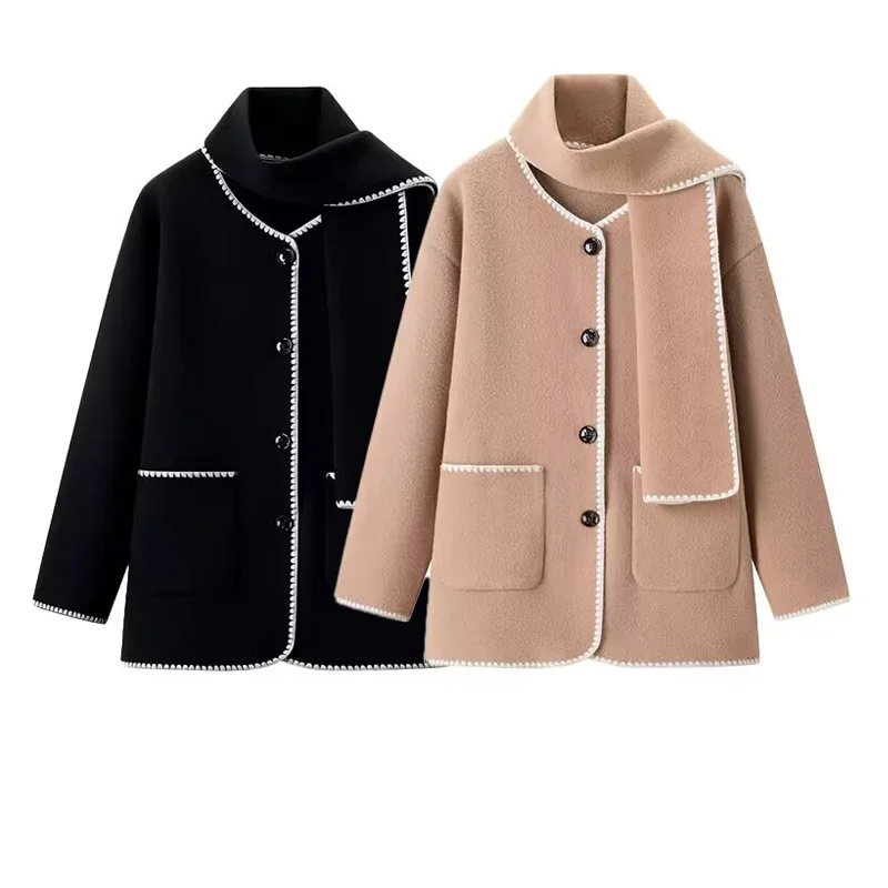 

2026, осенне-зимнее модное женское шерстяное пальто, универсальное свободное пальто со съемным шарфом и цветными блоками, куртка, пальто