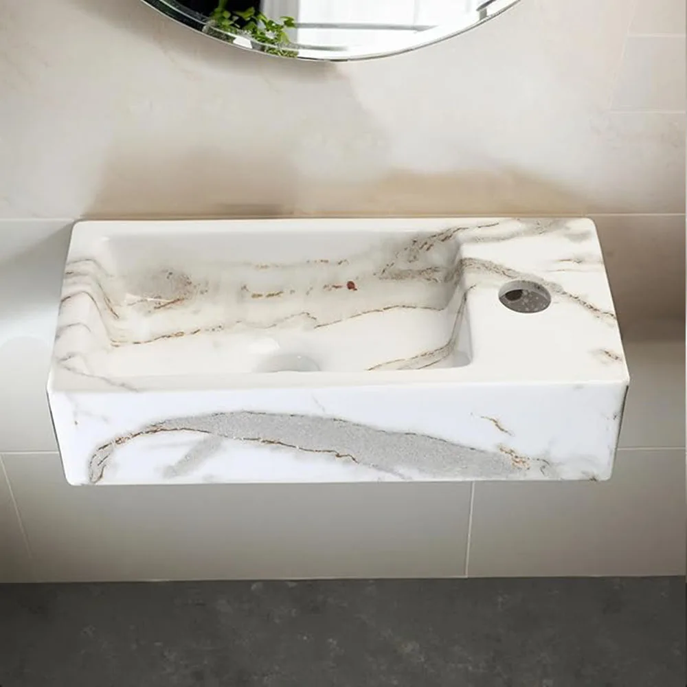 ZAPPO Small Bathroom Sink Marble Wall Hung Basin Sink Rectangle Ceramic Wash Basin Bathroom Vessel Sink Without Faucet Tap