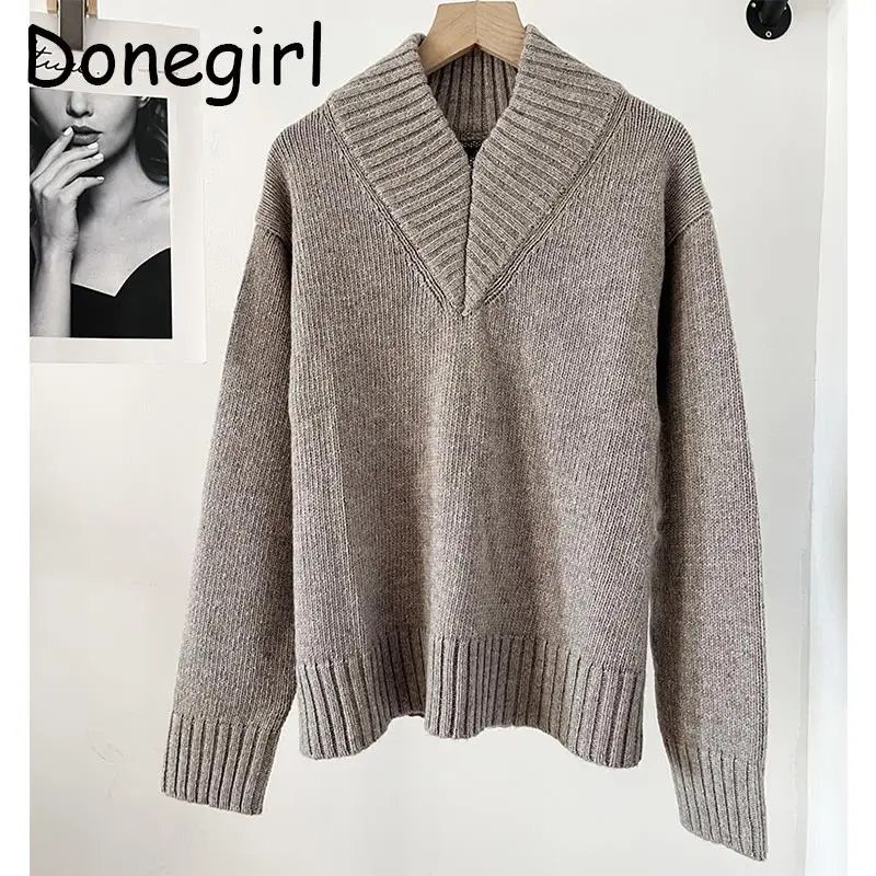 Donegirl Women Autumn Winter New 2024 Fashion Solid Commute High V-neck Knitted Sweater Simple Versatile Pullovers Female Jumper