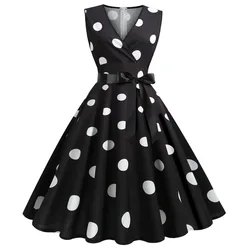 Letnie sukienki dla kobiet bez rękawów Retro Hepburn 1950 lat 60. Rockabilly w kropki z dekoltem w szpic czarne Pinup szata na imprezę huśtawka Vestidos