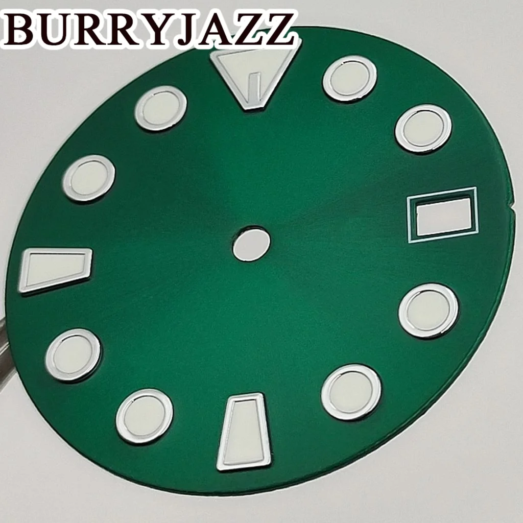 BURRYJAZZ 28,5mm sin logotipo NH35 esferas de reloj esfera verde luminosa ajuste las 3 en punto 3,8 en punto corona de la caja
