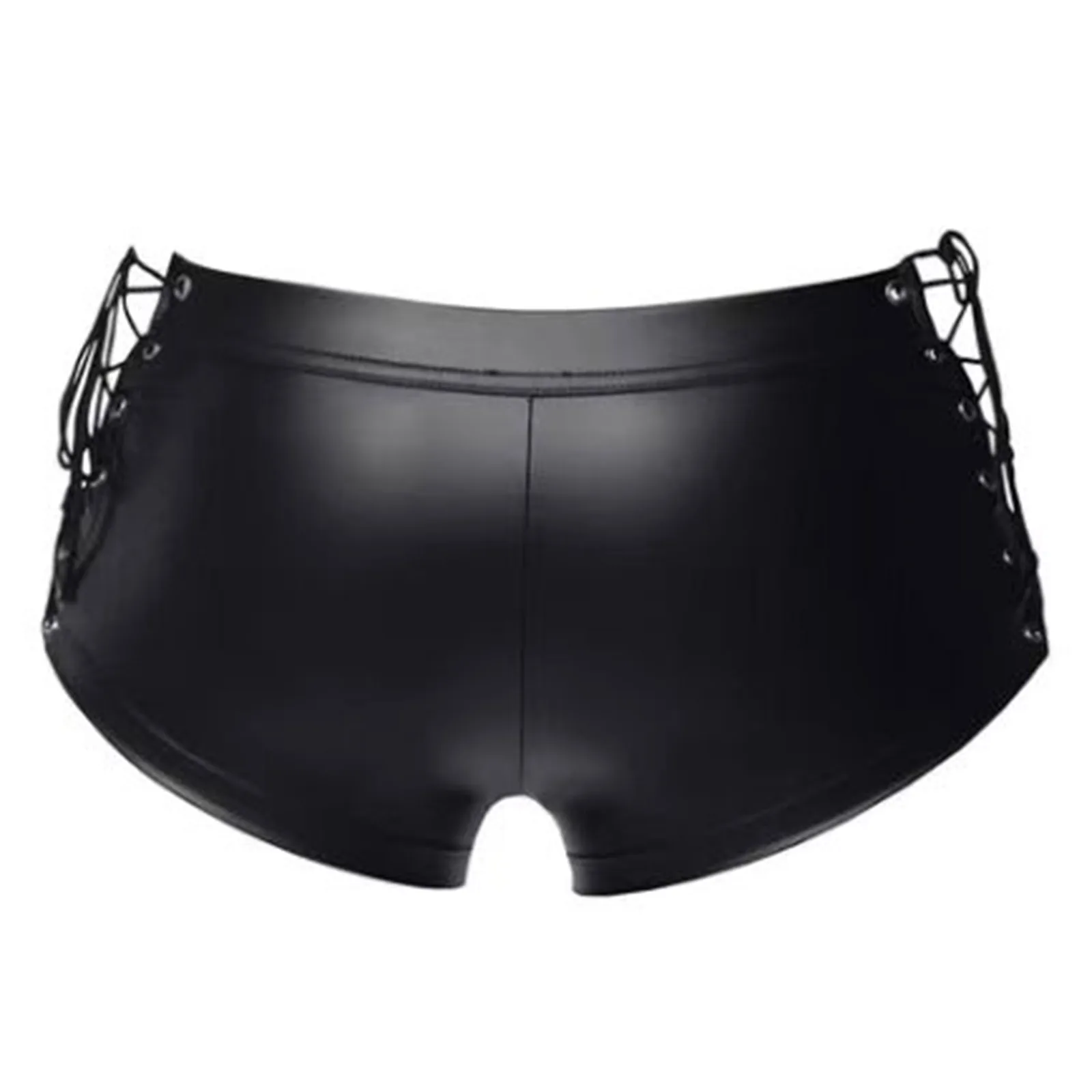 Mens Shorts Briefs Wetlook Faux Leather Hot Pants Fashion Hollow Out Lace-up Nightclub Pole Dancing Stage Performance Costume