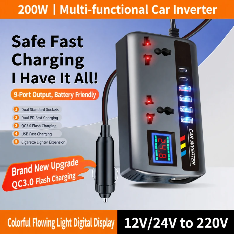 Colorful Flow Light Digital Display Car Truck 12V 24V 220V Inverter Converter Charging Cigarette Lighter Dual USB-A/C Ports