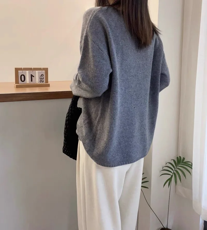 2023 autumn and winter new 100% cashmere sweater women\'s crewneck sweater loose bottom pullover