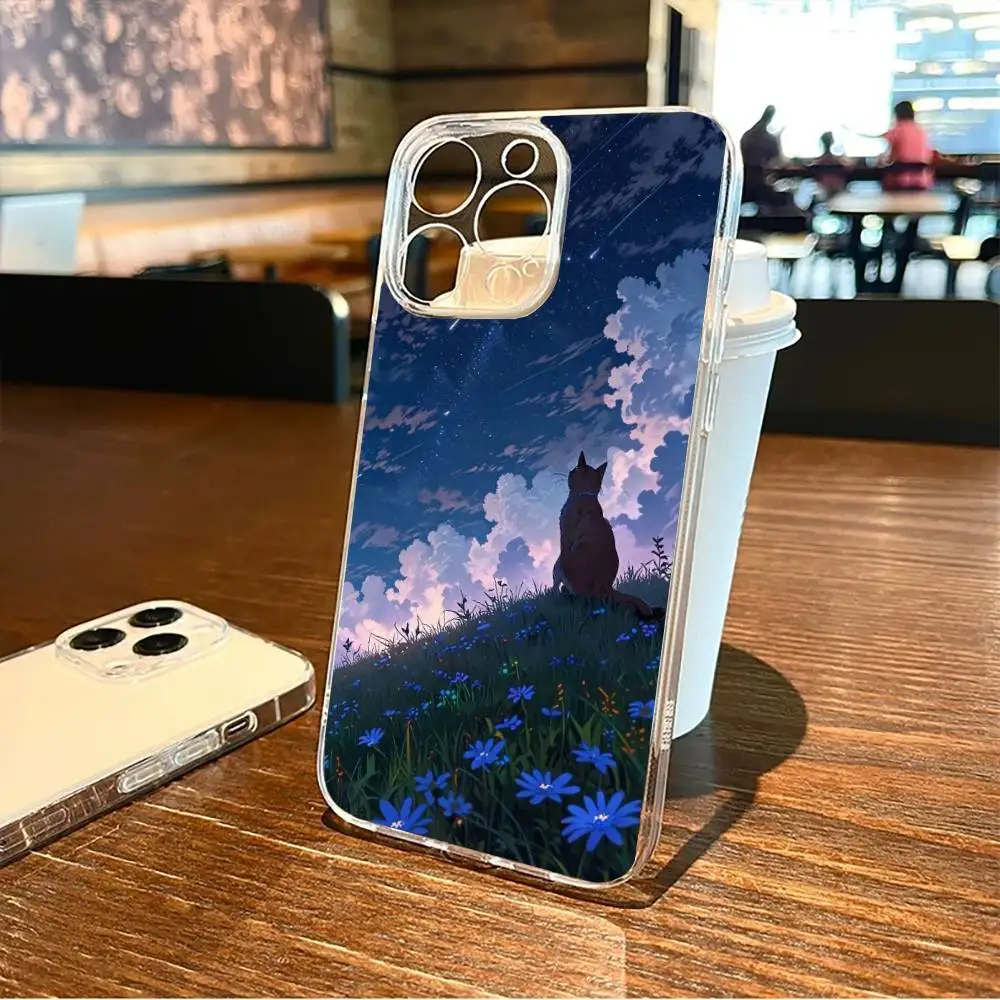 حافظة هاتف قطة تنظر إلى النجوم في السماء الليلية لهاتف آيفون 17,16,15,14,13,12,11 Plus,Pro Max غطاء شفاف ناعم #4
