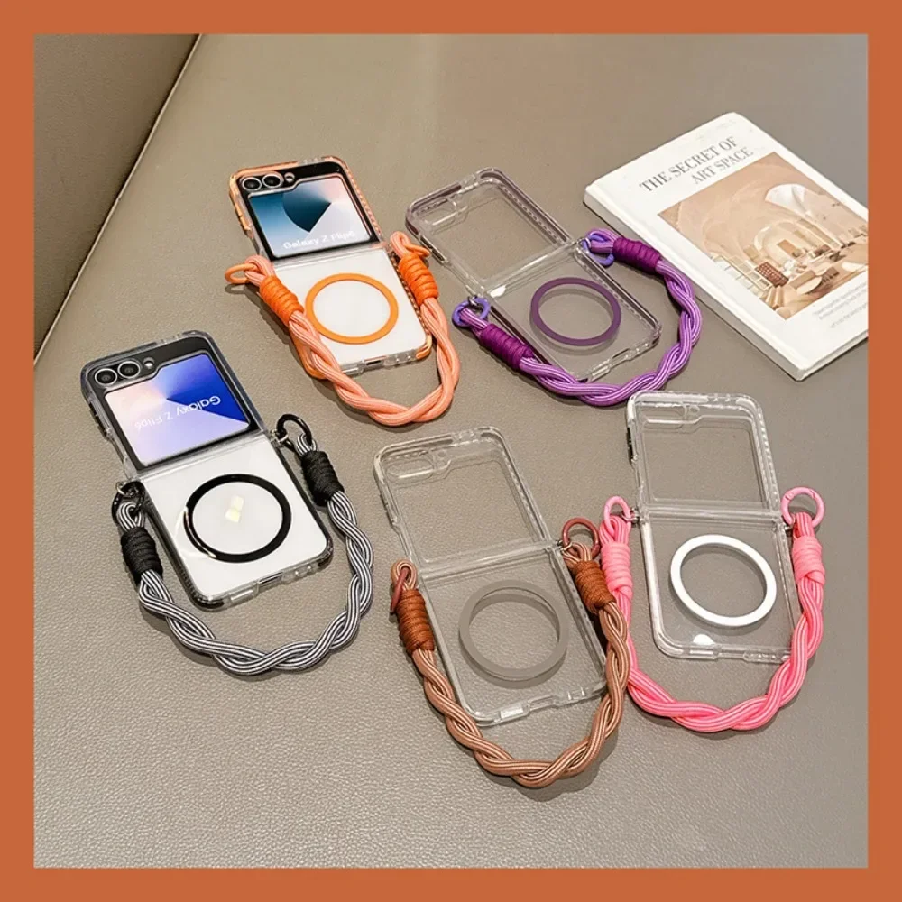 Para magsafe capa de telefone magnética com alça de pulso para samsung galaxy z flip 6 5 4 3 flip6 flip5 flip4 flip3 5g capa transparente