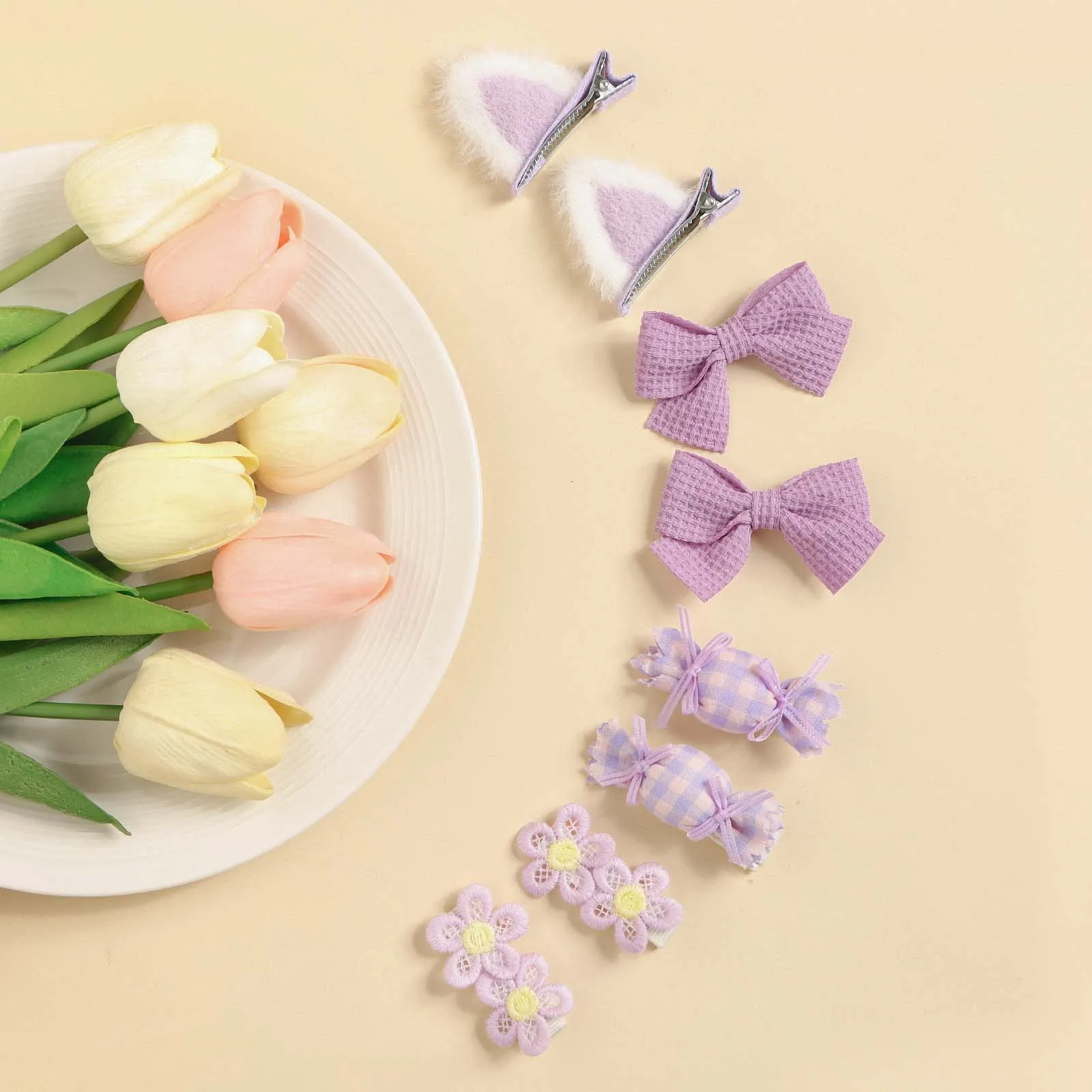 8pcs Purple Different Styles Cute Hairpin For Kid Plush Cat Ear Candy Bang Clip For Girl Baby Photograph Decor Hair Accessories