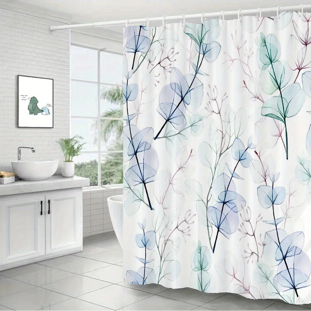 Eucalyptus Leaf Shower Curtain with Hooks Blue Green Purple Botanical Watercolor Translucent Leaves Polyester Machine Washable