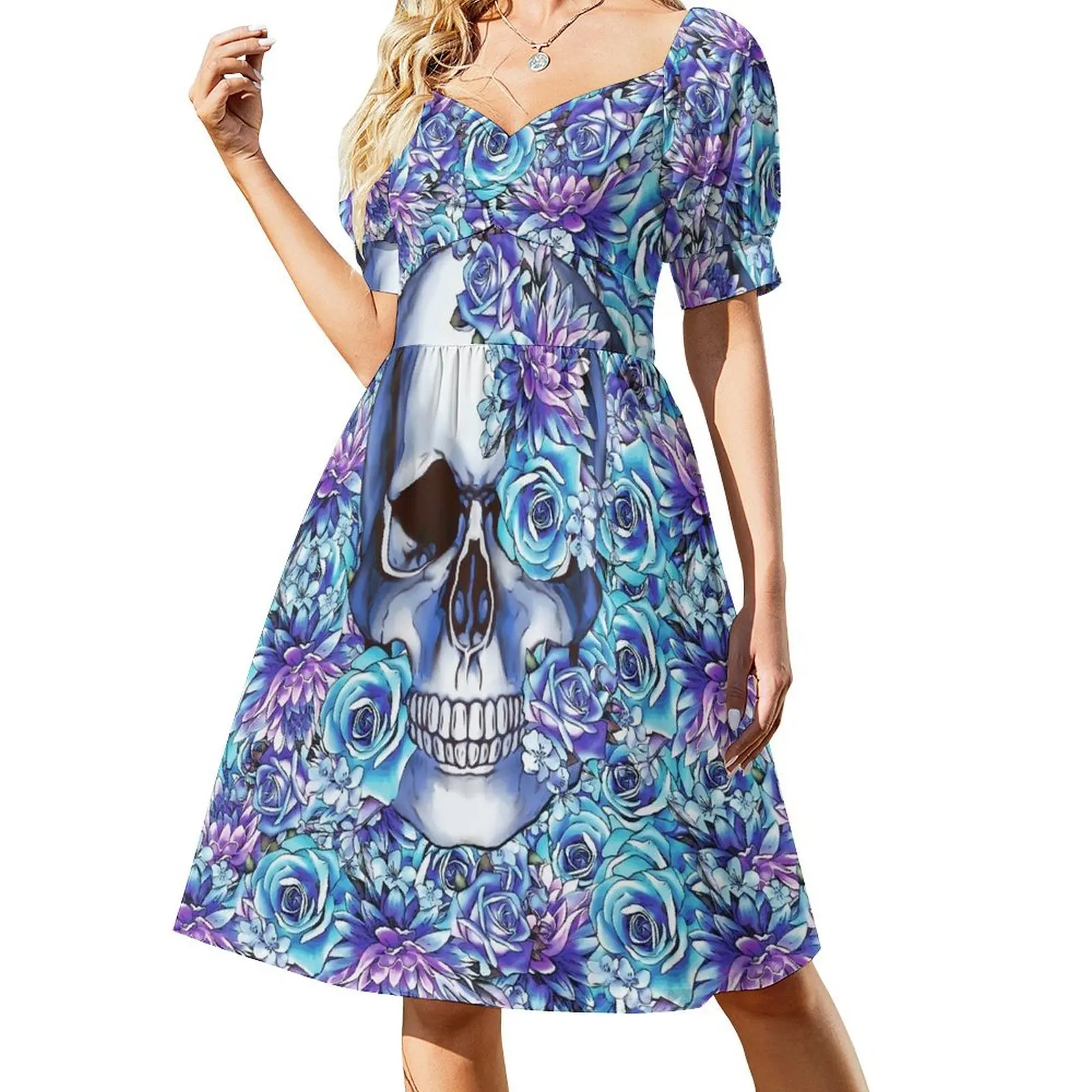 

Human anatomy Skull blue watercolor floral Short Sleeved Dress luxury dresses Women's dresses Dress