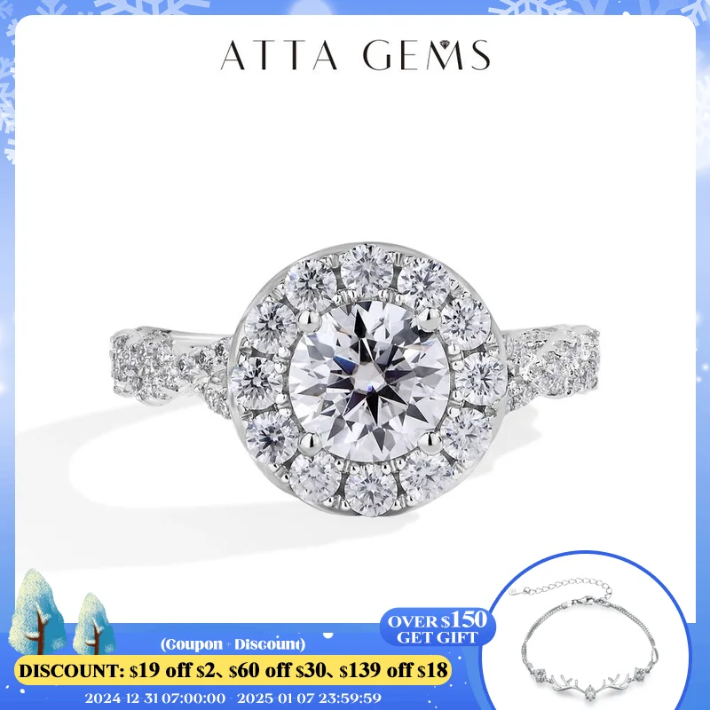 

ATTAGEMS Full Round Cut Moissanite Ring 1.2CT DVVS1 Diamond 925 Sterling Silver Luxury Engagement Wedding Jewelry Gift for Women