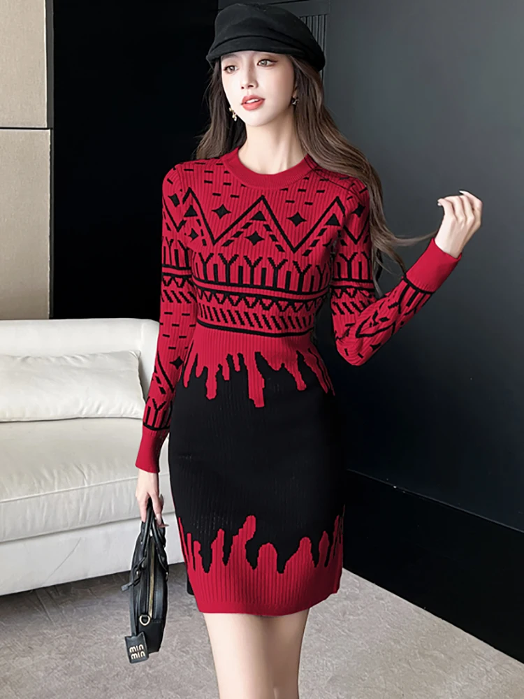 가을 겨울 레드 프린트 니트 긴팔 드레스 여성 우아한 바디콘 힙 랩 섹시 드레스 2025 한국 빈티지 페스티벌 드레스