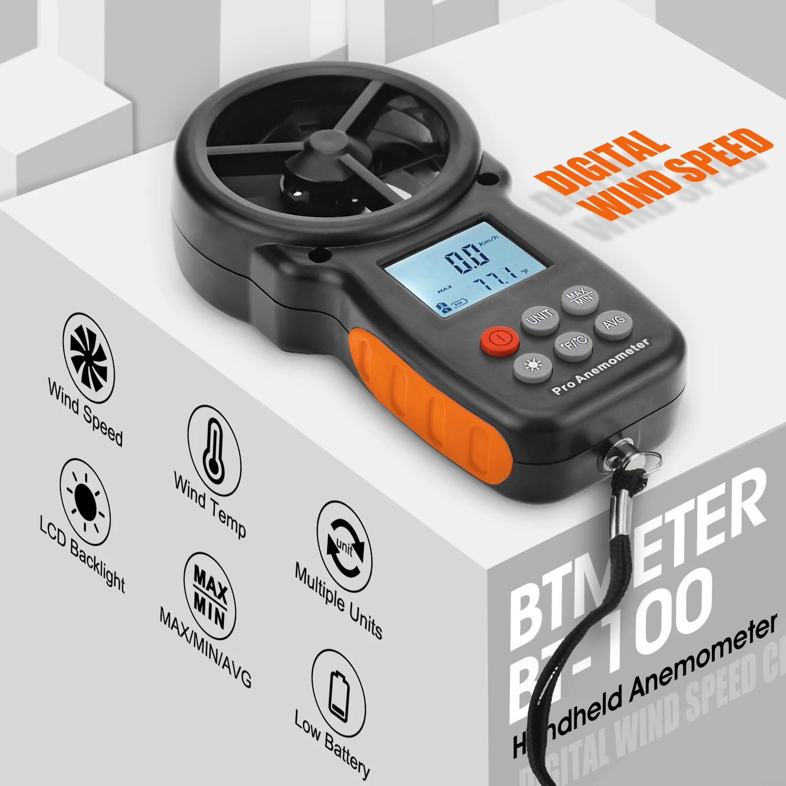 Pro Digital Anemometer BT-100 Wind Speed Meter Gauge Temperature Wind Chill Tester with Backlight for Drone Outdoor MAX MIN AVG