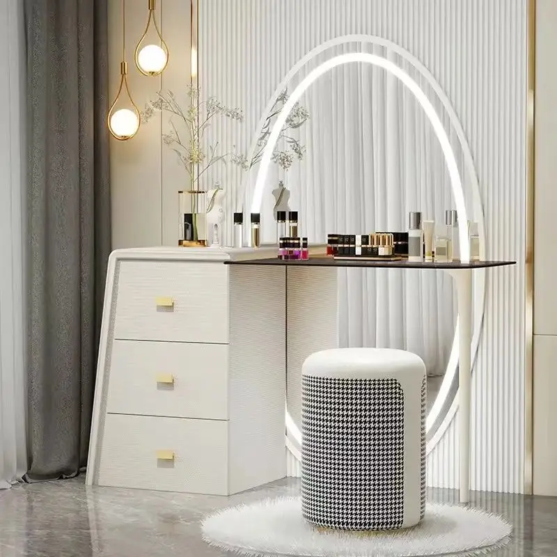 Luxury integrated dresser with illuminated floor-to-ceiling mirror, modern design style, suitable for hotel bedroom storage