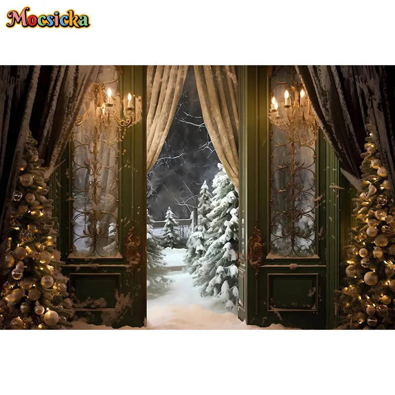 Christmas Photography Backdrop Winter Snow Outside Vintage Green Door Frozen Pine Tree Xmas Family Portrait Background Photocall