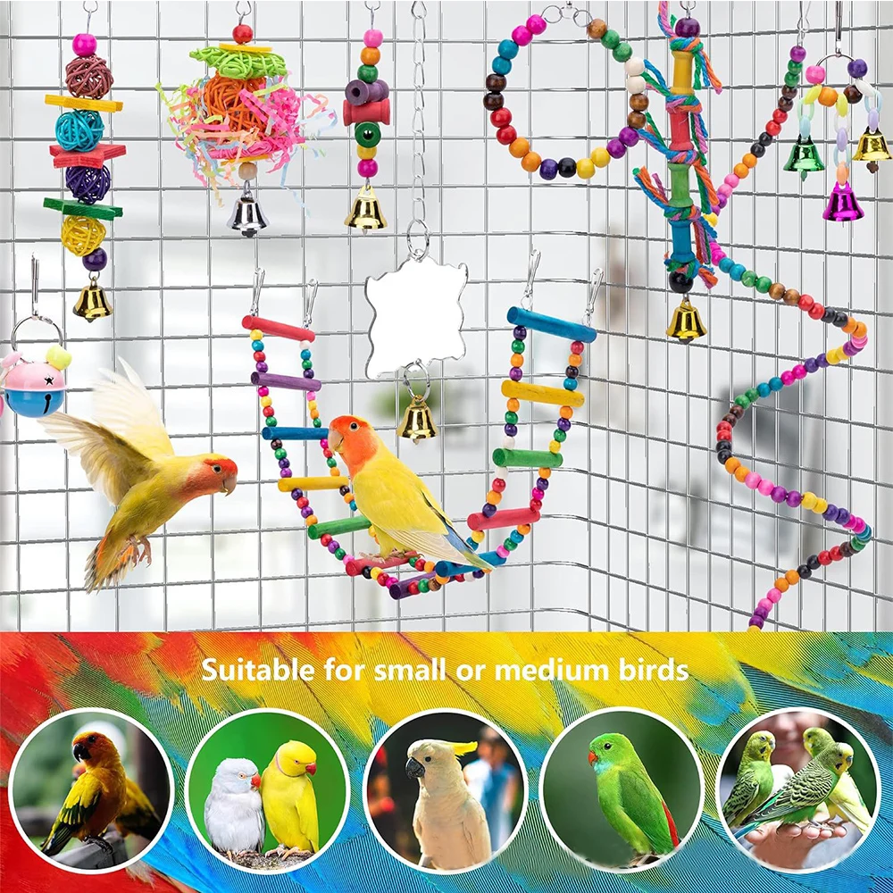 1 Set Parrot Bird Toys Wood Articles Bite Pet Bird Toys For Parrot Training Bird Toy Swing Ball Bell Standing Pet Supplies Set