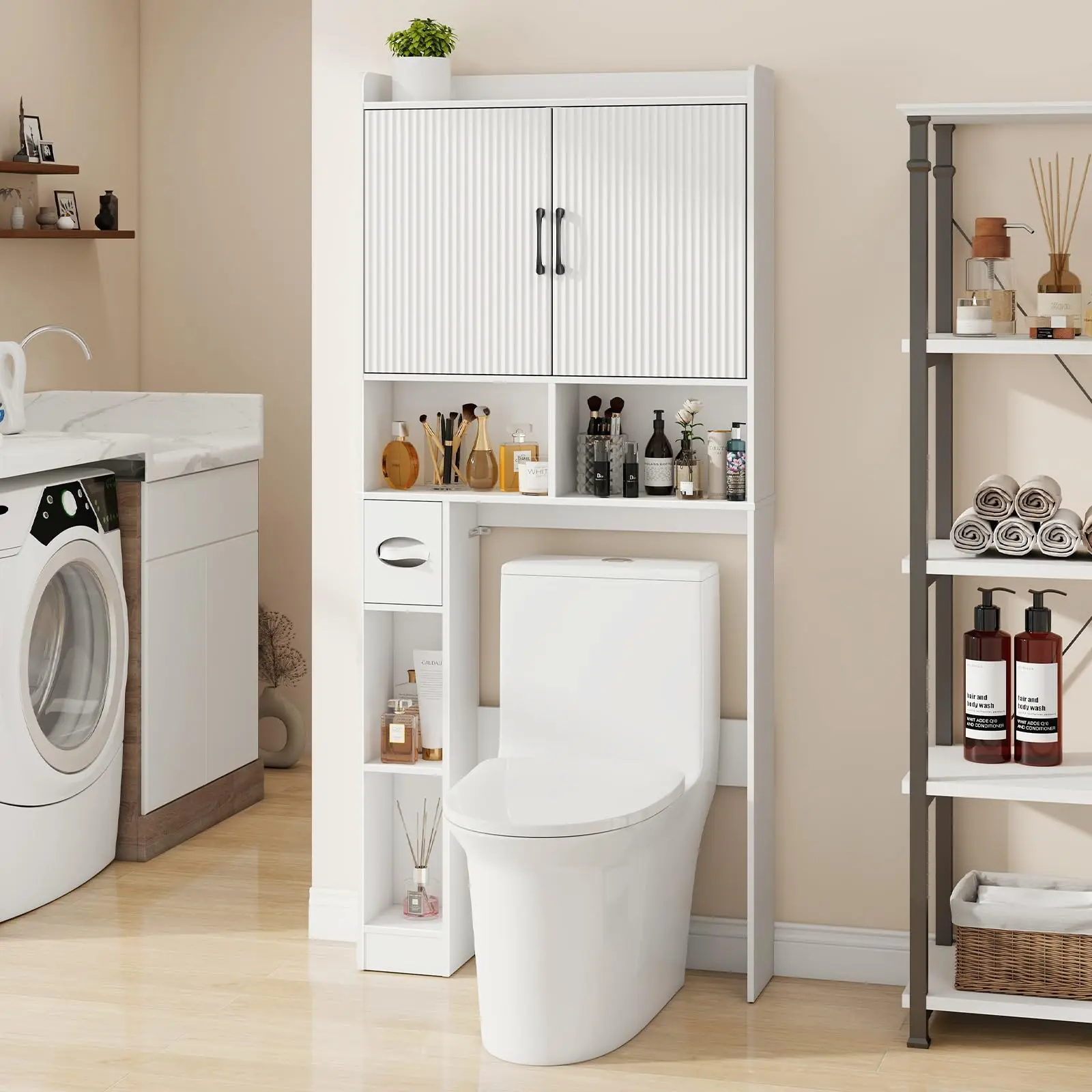 Vabches Over the Toilet Storage Cabinet White Bathroom Organizer with Grooved Striped Door&Toilet Paper Holder Wood Toilet Rack