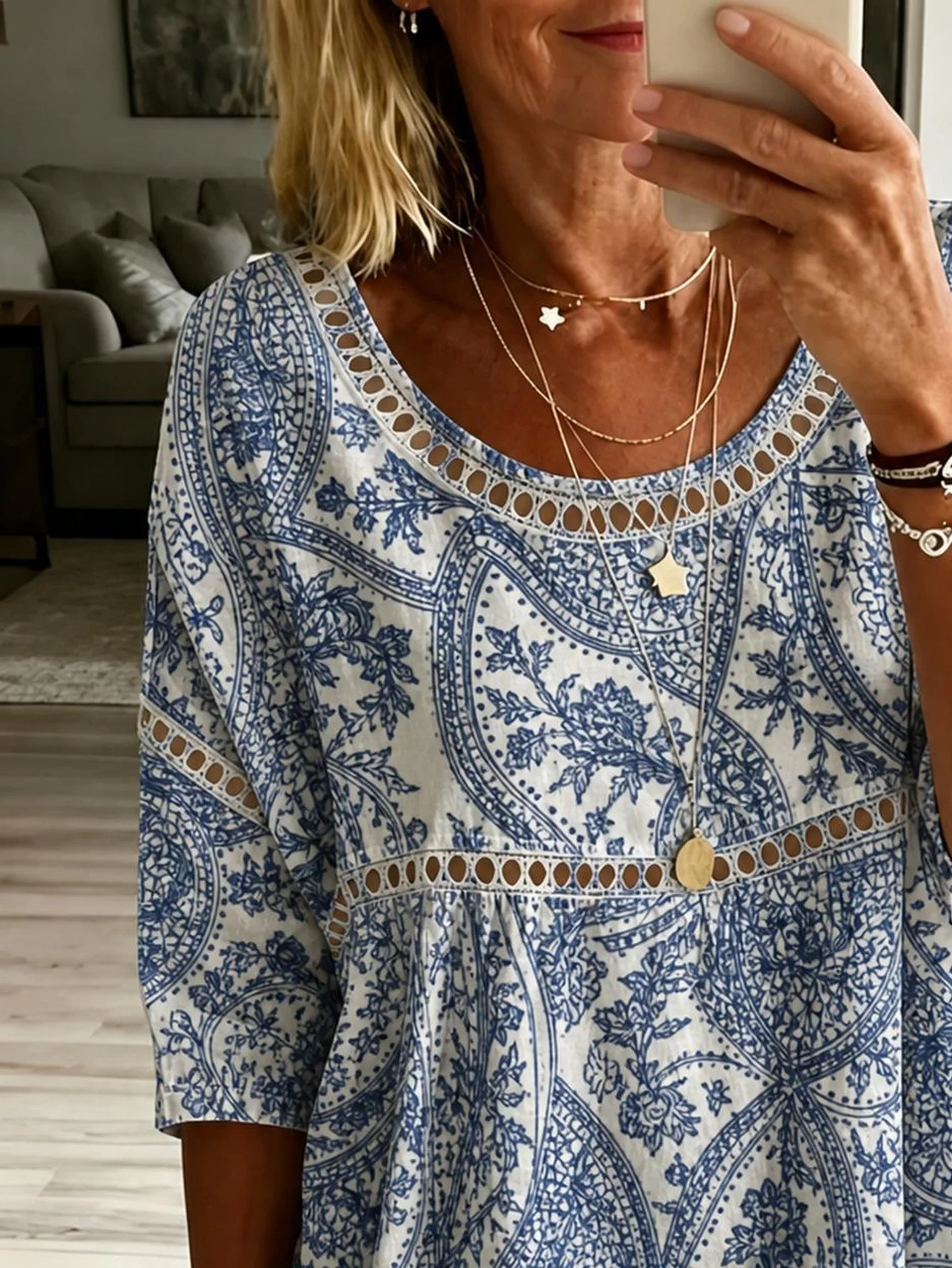 Women Plus Size Blouse 3D Paisley Print Loose Fit 3/4 Sleeve Boho Tunic Top