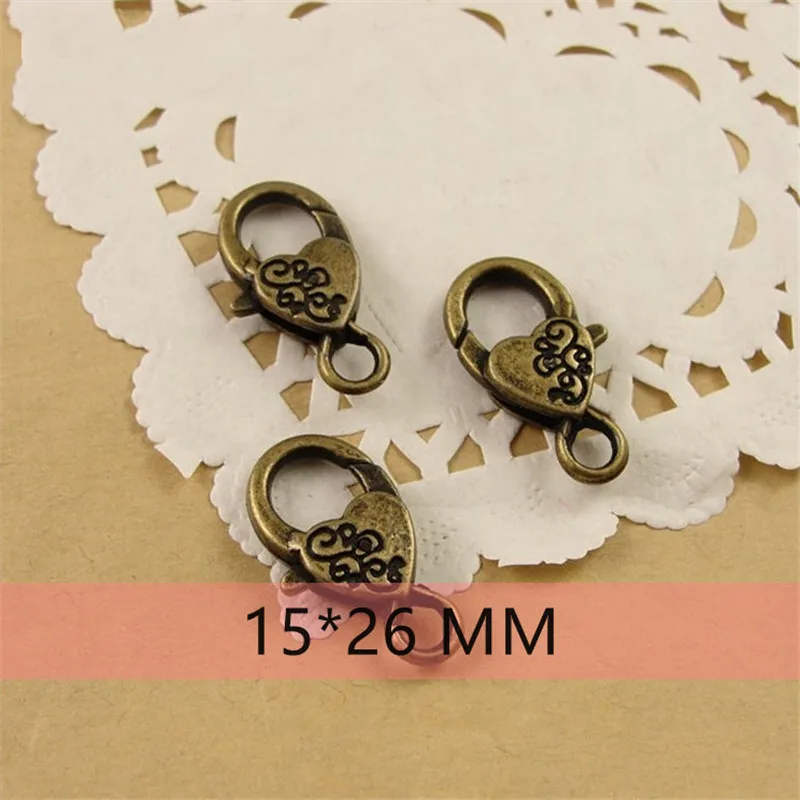 40pcs 15x26 mm Heart Love With Flower Shape Lobster Buckle Clasp Hooks Alloy Antique Silver Bronze Keychains Keyring Jewlery DIY