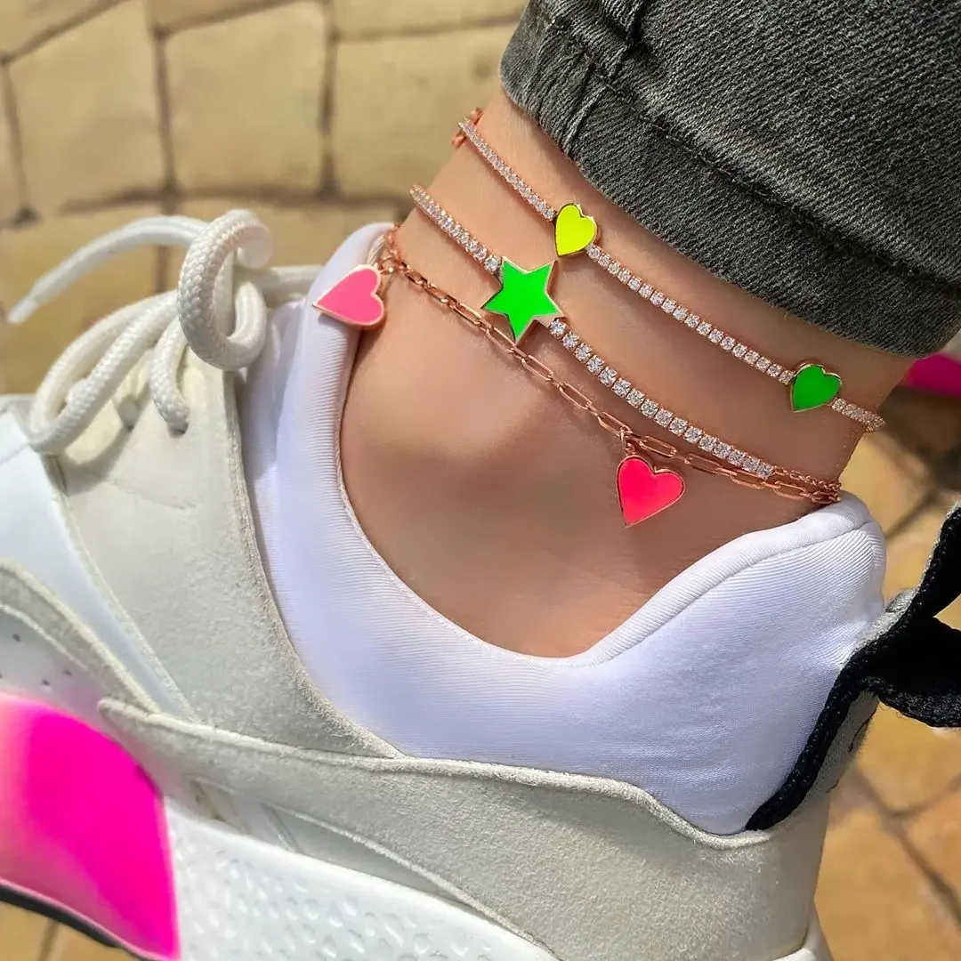 

2025 New Arrive Colorful Enamel Heart Cz Tennis Chain Anklet For Women Delicate Wedding Y/Round Shape Necklace Jewelry Wholesale