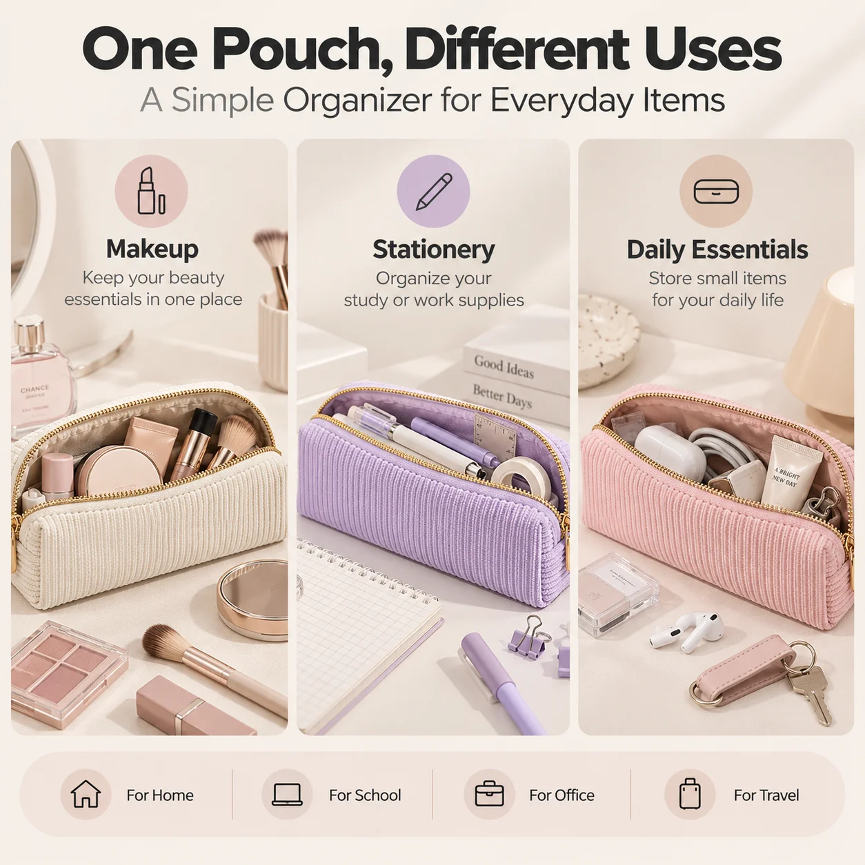 1Pc Corduroy Cosmetic Bags, Retro Style, Large Capacity & Portable Multipurpose Storage Pouch, For Women Travel