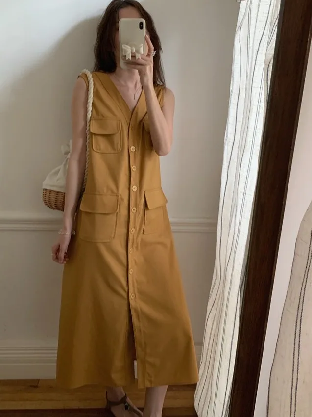 

Retro Workwear Vest Dr Women Summer New Sle Elegance V-ne Svel Multi-ket Long Skirt Single Piece Pure Color