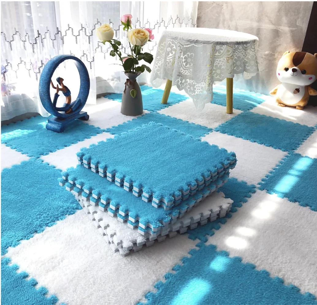 10pcs Interlocking Carpet Shaggy Soft EVA Foam Mats Fluffy Rugs Protective Floor Tiles Exercise Play Mats for Children Kids Room