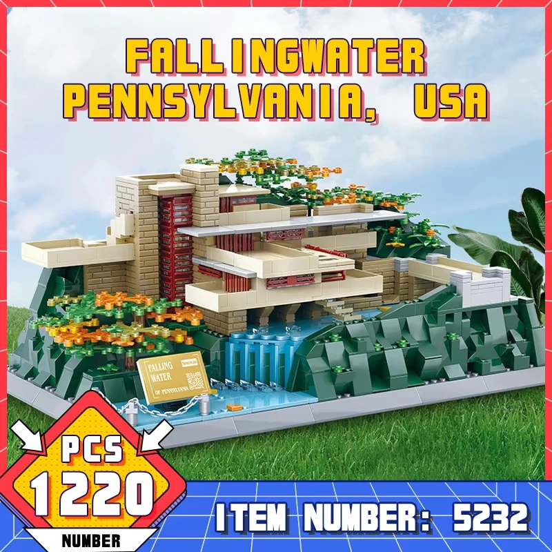 WG5232 World Famous Attractions Architectural Pennsylvania Flowing Water Villa Building Blocks Desktop Decoration Toys Boys Gift