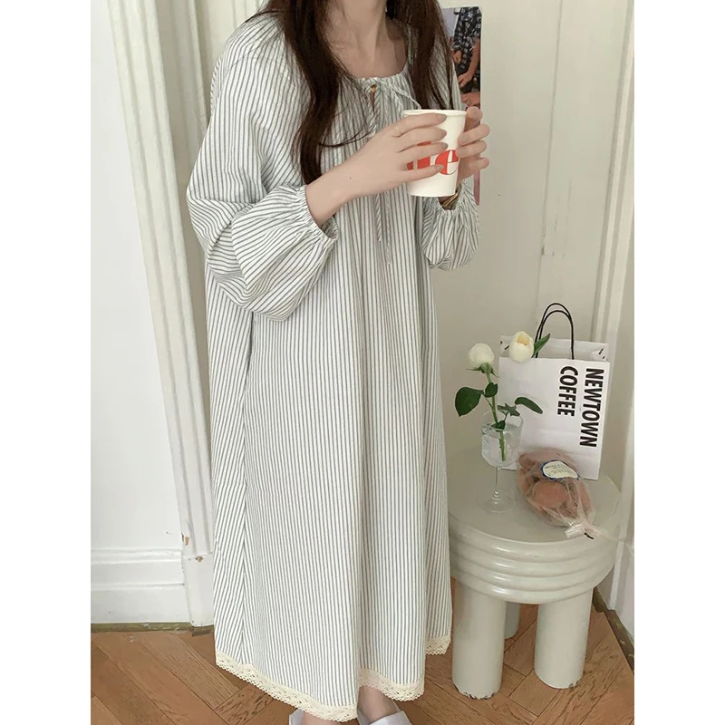 Striped Women Nightgown Korean Style Sleepwear Long Sleeve Night Dress Autumn One Piece Pajamas Casual Home Sleeping Wears New