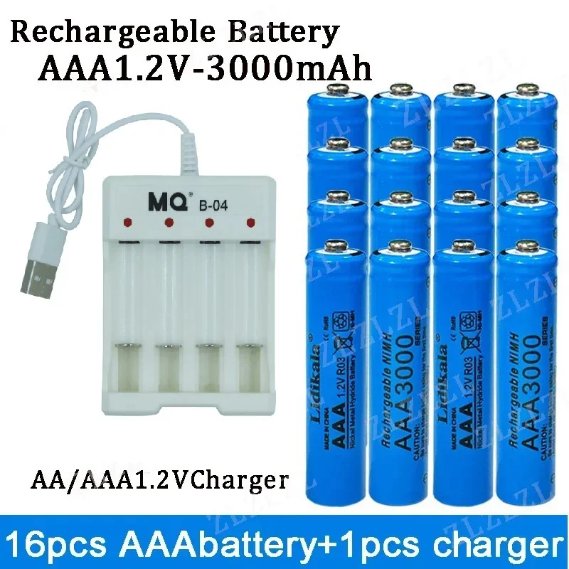 NEW High Quality 1.2V Rechargeable Battery, AAA3000 Battery+USBcharger, Alkaline Technology, for Remote Control, Toys/computer