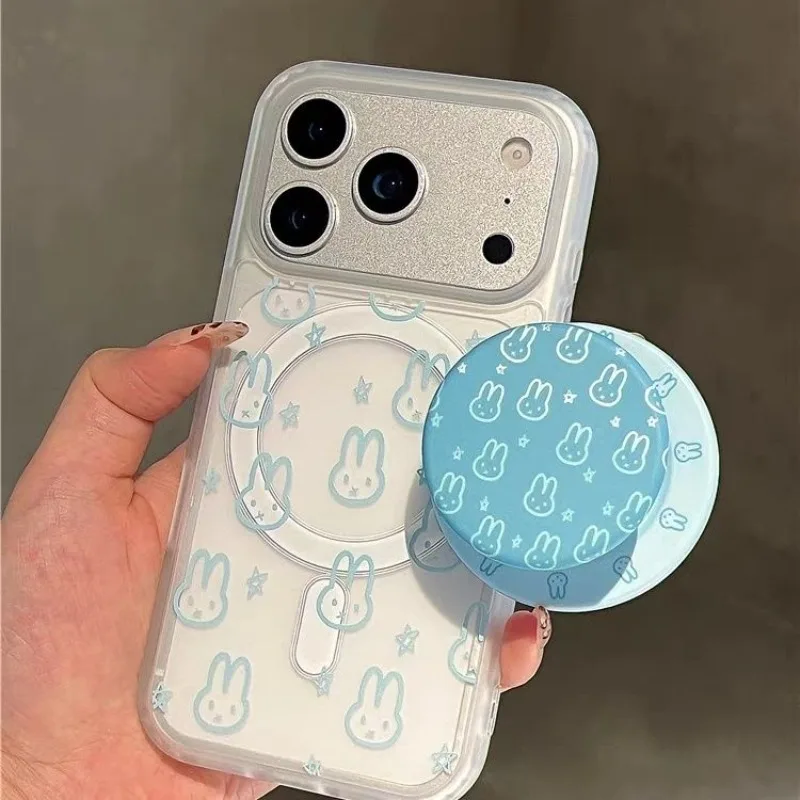 Miffy Rabbit Kawaii Anime Cartoon Graffiti light blue Miffy Frosted Ultra thin Magnetic holder mobile phone case For 17 pro 16