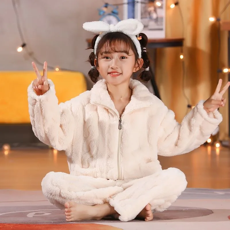 

New Design Children's Flannel Corduroy Winter Pajamas Thermal Home Wear for Boys Girls Warmth Keeping