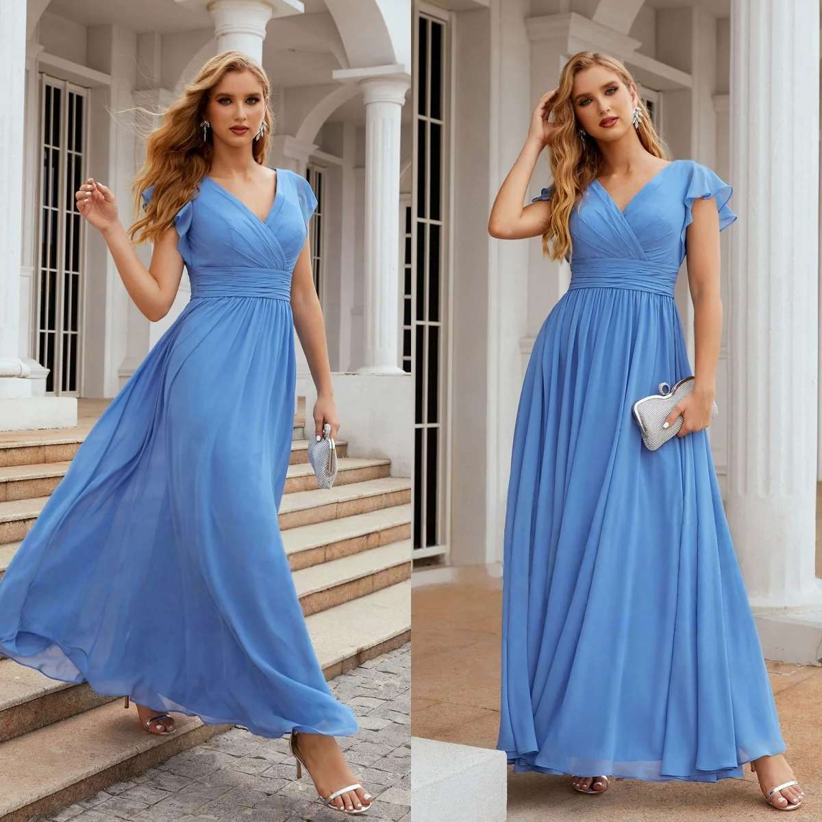 Flutter Sleeve Waistband Evening Gown Simplicity Summer Women V-Neck Maxi Dress A-Line Bridesmaid Dress Wedding Party Attire