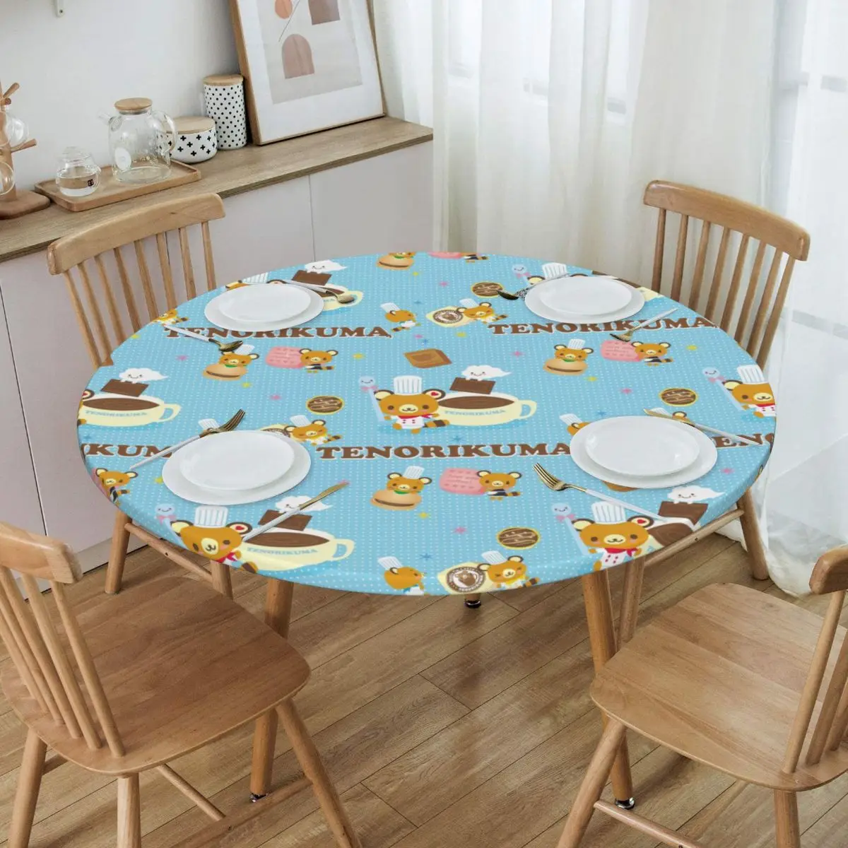 Custom Round Disney Cartoon Tenorikuma Sanrio Anime Bear Table Cloth Waterproof Tablecloth Table Cover Backed with Elastic Edge