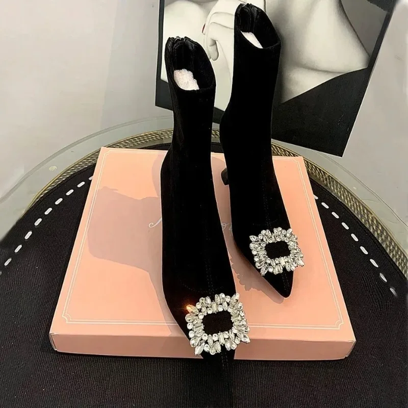 New Women Boots Luxury Rhinestone Suede Stretch Boots Fashion Pointed Tip High Heeled Boots for Woman Designer Shoes Botas Mujer