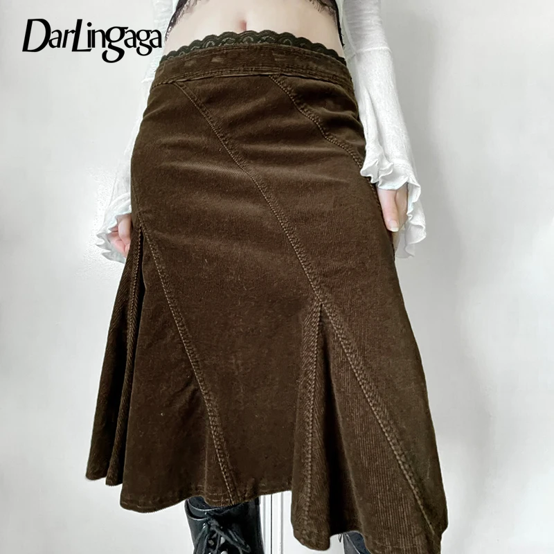 Darlingaga Vintage Brown Corduroy Midi Skirt Women Lace Patchwork Fashion A-Line Autumn Skirts Party Elegant Stitching Bottoms