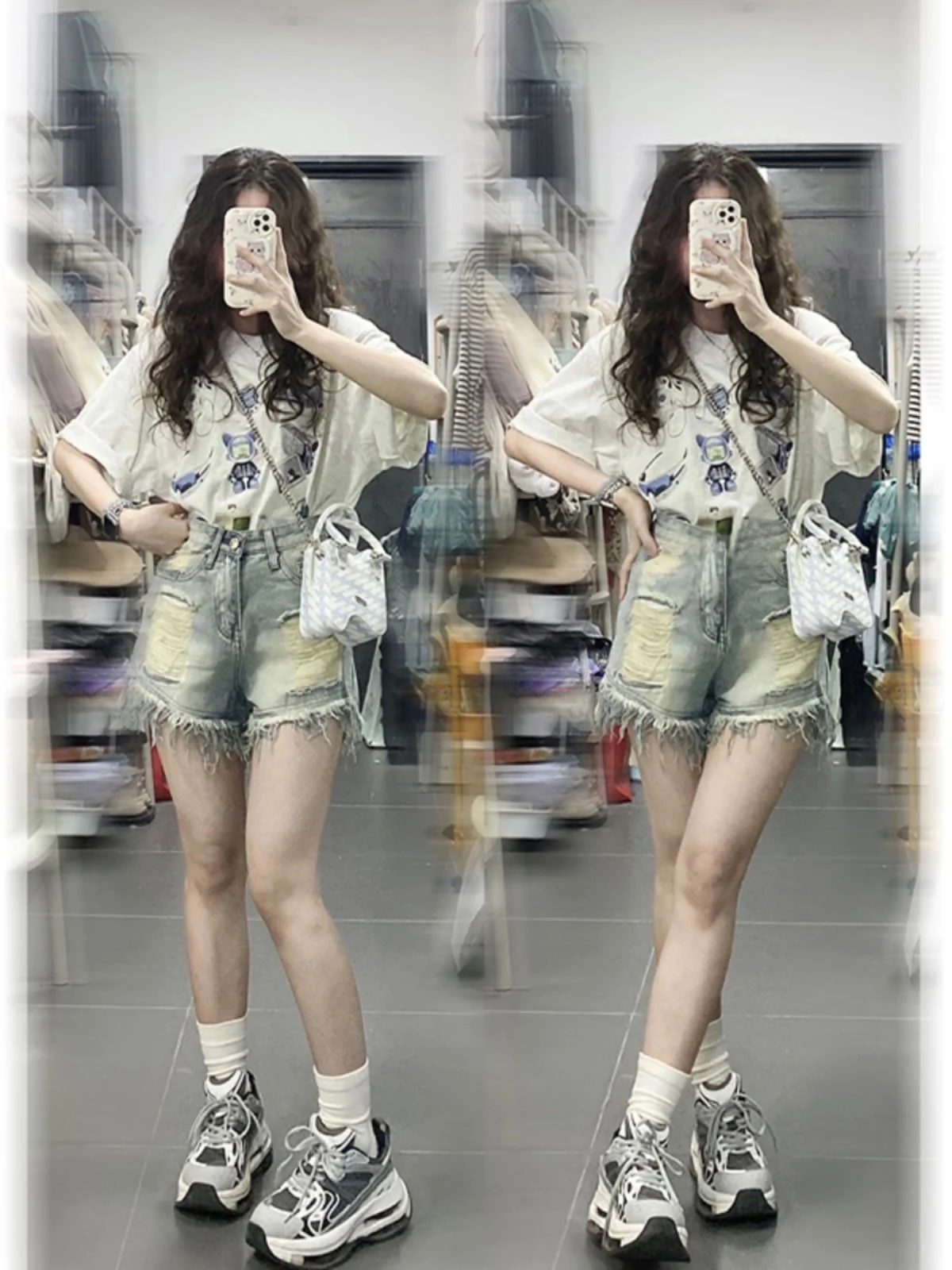 กางเกงยีนส์ขาสั้นเอวสูงแต่งพู่ขาดๆ สำหรับผู้หญิงไซส์ใหญ่ ทรงหลวม ขากว้าง ทรงเอ แฟชั่นฤดูร้อน สไตล์ลำลอง