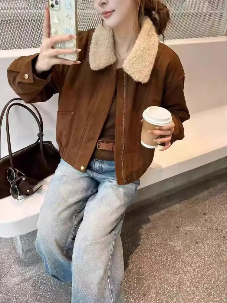 

Корейская мода Ретро женская коричневая элегантная фестивальная короткая куртка с лацканами осень-зима хаки пальто на молнии с длинными рукавами High Street