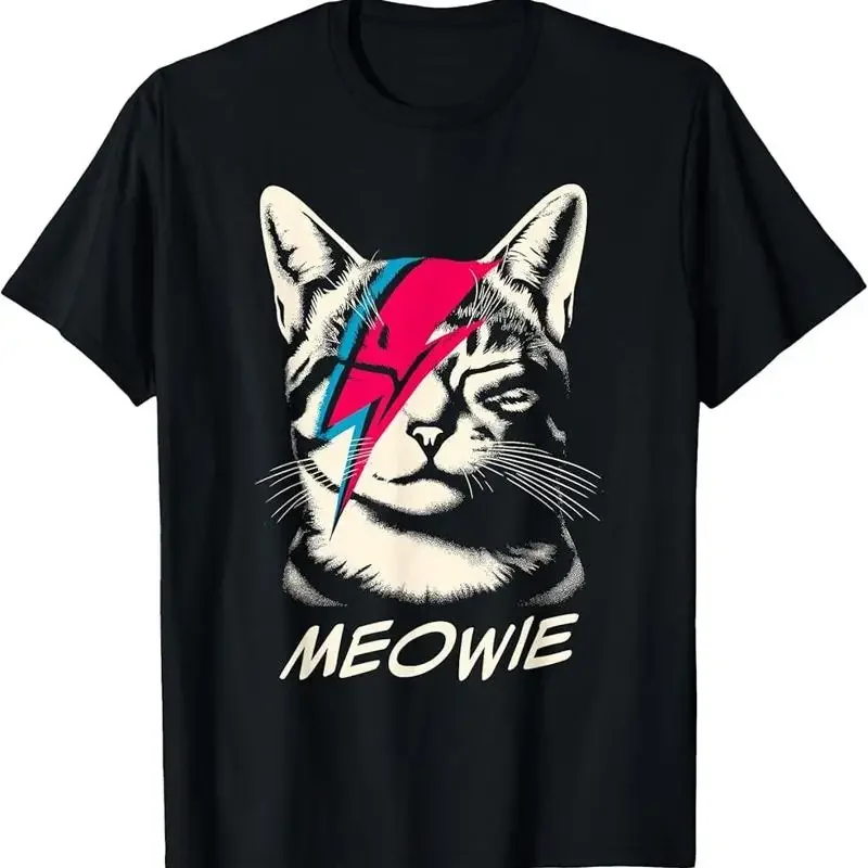 

Meowie Lightning Cat Graphic Tee Funny Rock Music Fan Cotton T-Shirt for Men